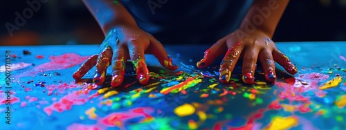 Close-up of a child drawing with paints. Selective focus