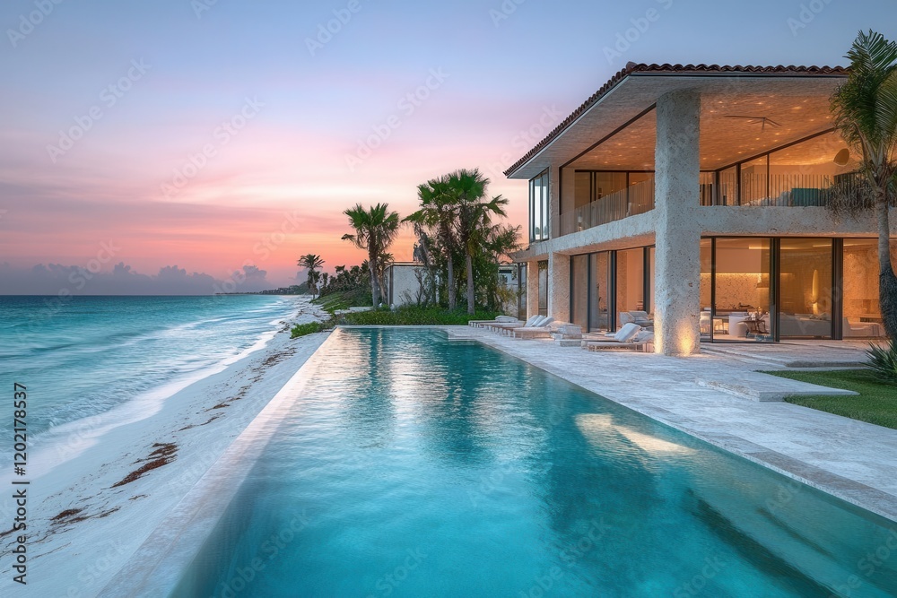 Fototapeta premium minimalist coastal villa at twilight, geometric shapes, clean lines, pale pink sky, turquoise ocean, white sand, long shadows