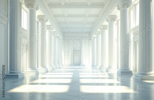 Serene and Majestic Interior of a Grand Hallway with Columns and Abundant Natural Light Streaming Through Large Windows Creating an Ethereal Atmosphere