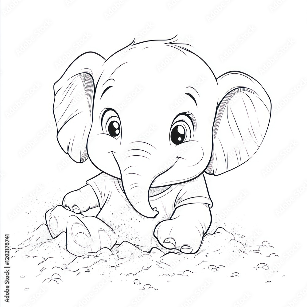 Cute baby elephant playing in sand; children's book illustration Cute baby elephant playing in sand; children's book illustration