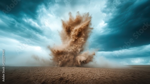 An enormous explosion of dirt lifts into the sky amidst a storm, showcasing the fierce and unpredictable interplay of natural forces as they reshape the landscape. photo