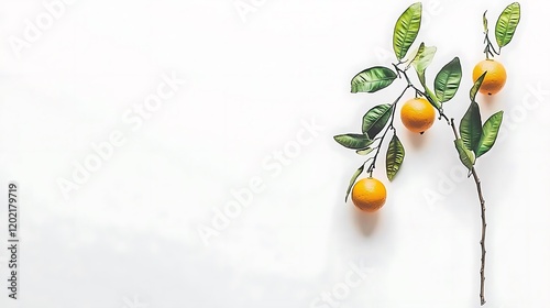 A citrus tree with vibrant green leaves and ripe oranges hanging from its branches, isolated on a clean white background