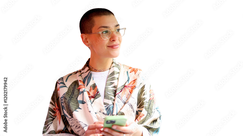 Beautiful, young short-haired woman enjoying and using smartphone Beautiful, young short-haired woman enjoying and using smartphone