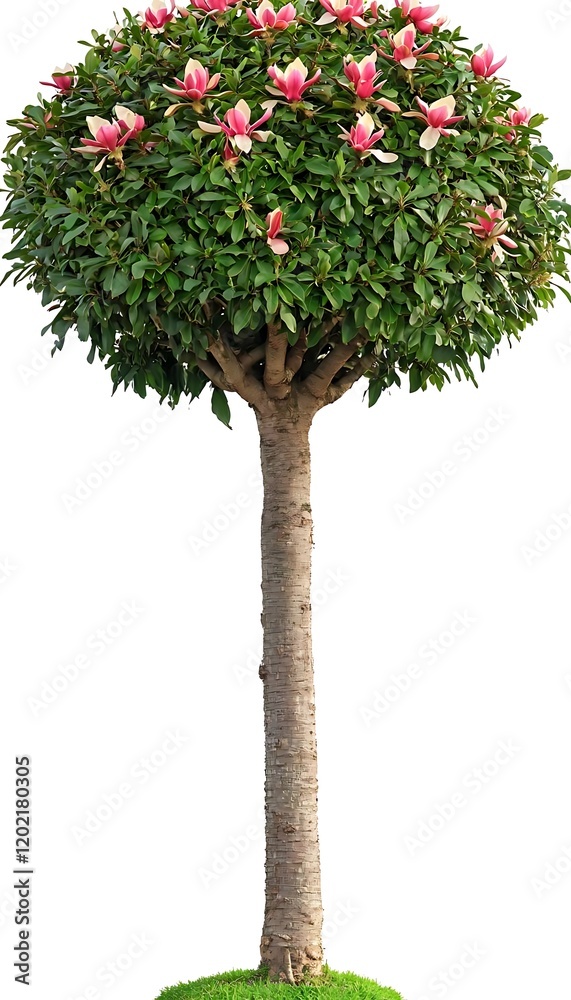Fototapeta premium A single magnolia tree in full bloom with a canopy of pink flowers, isolated on a plain white canvas