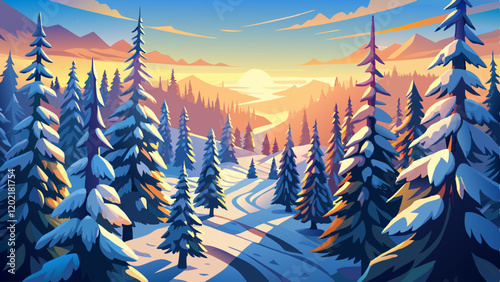 a view from above of a snowy pine forest. white snow covering the branches. the cinematic sunrise. High-contrast lighting, chiaroscuro, and high definition. cinematic scene