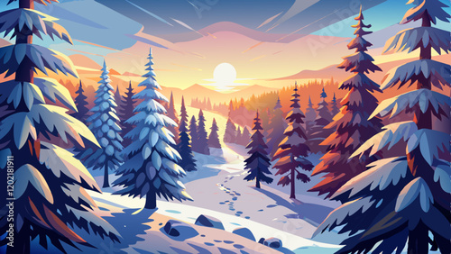a view from above of a snowy pine forest. white snow covering the branches. the cinematic sunrise. High-contrast lighting, chiaroscuro, and high definition. cinematic scene