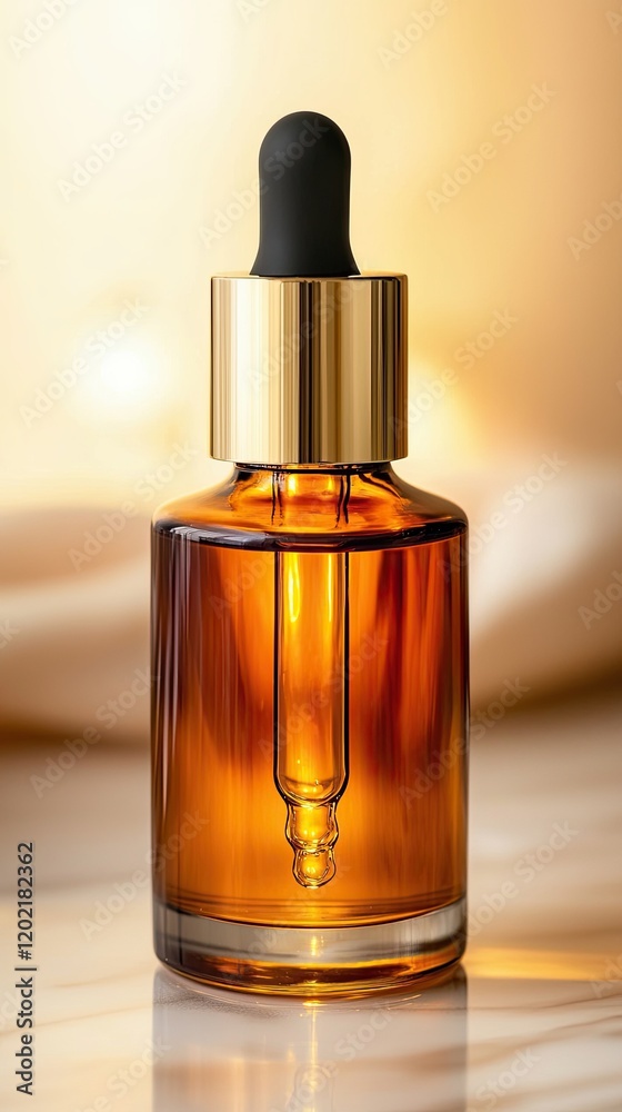 Pastel background high-end skincare serum bottle with a dropper and golden glow Pastel background high-end skincare serum bottle with a dropper and golden glow