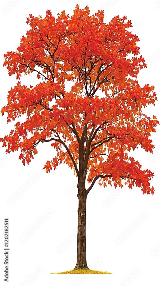 A maple tree with evenly distributed red autumn leaves and a balanced shape, standing against a seamless white background