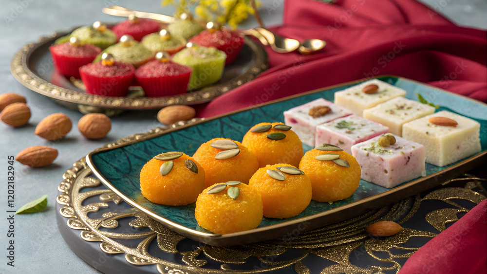 Obraz premium Festive Indian sweets assortment on an ornate platter with almonds and decorative fabric