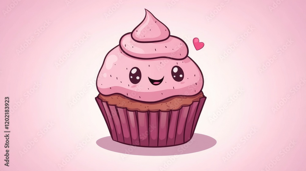 Cute cartoon cupcake with pink frosting and smiling face on a pastel pink background with copy space for text. Cute cartoon cupcake with pink frosting and smiling face on a pastel pink background with copy space for text.