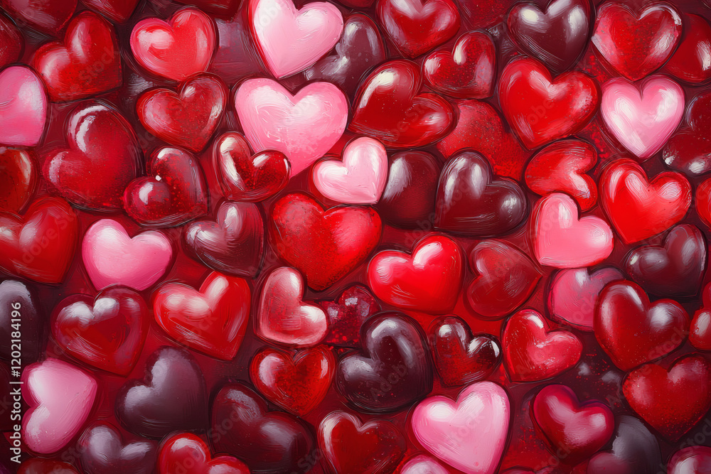 Colorful hearts in various shades of red and pink create romantic background, perfect for Valentine Day celebrations. vibrant hues evoke feelings of love and affection Colorful hearts in various shades of red and pink create romantic background, perfect for Valentine Day celebrations. vibrant hues evoke feelings of love and affection