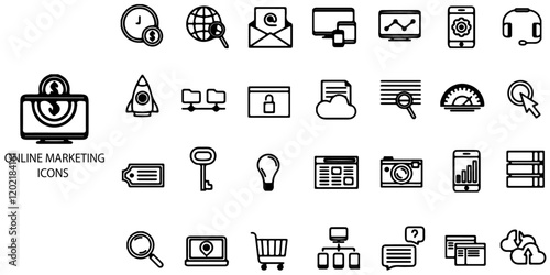 Online marketing concept 28 icons set. Online shopping and delivery elements. E-business symbol. Vector illustration.