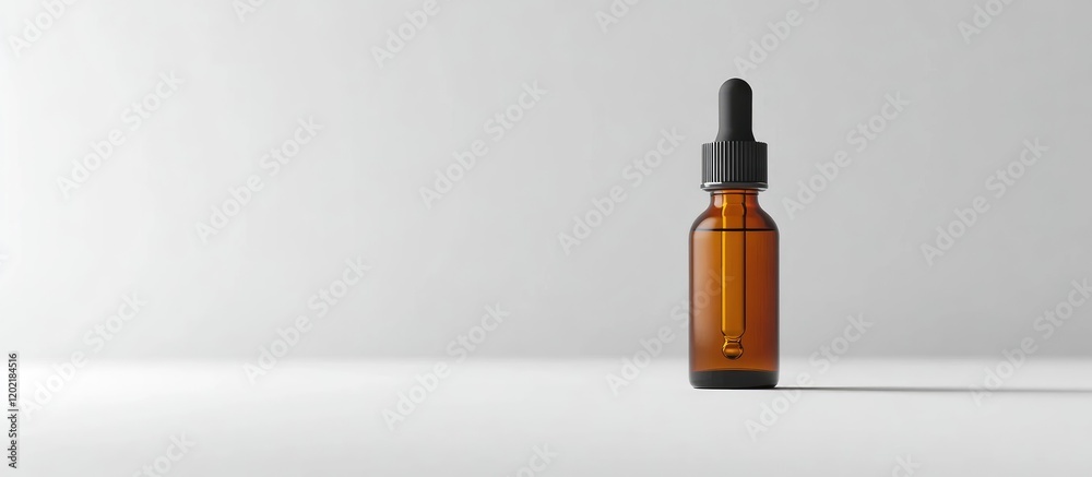 Brown glass dropper bottle with black lid on white background with ample copy space for text or product labeling. Brown glass dropper bottle with black lid on white background with ample copy space for text or product labeling.