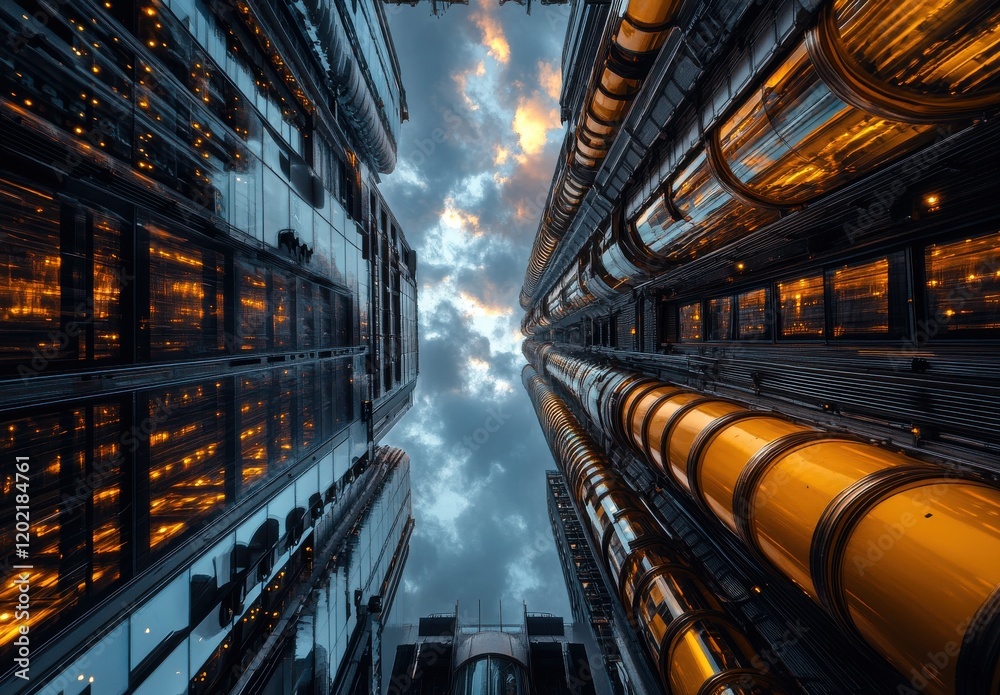 Fototapeta premium Stunning View of Modern Skyscrapers with Glass Facades and Glowing Pipes Beneath Dramatic Cloudy Sky in Urban Cityscape Architecture