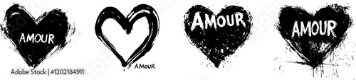 Ensemble de quatre illustrations de cœurs noirs grunge avec le mot "Amour" en style de coups de pinceau sur fond blanc