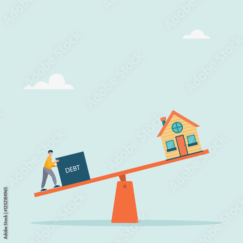 A character pushes a square on a swing. Big debt loan to buy a house, vector illustration in flat style.