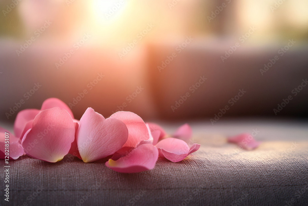 Soft pink rose petals scattered on cozy sofa, creating romantic atmosphere. warm light enhances serene and intimate setting, perfect for love and affection Soft pink rose petals scattered on cozy sofa, creating romantic atmosphere. warm light enhances serene and intimate setting, perfect for love and affection