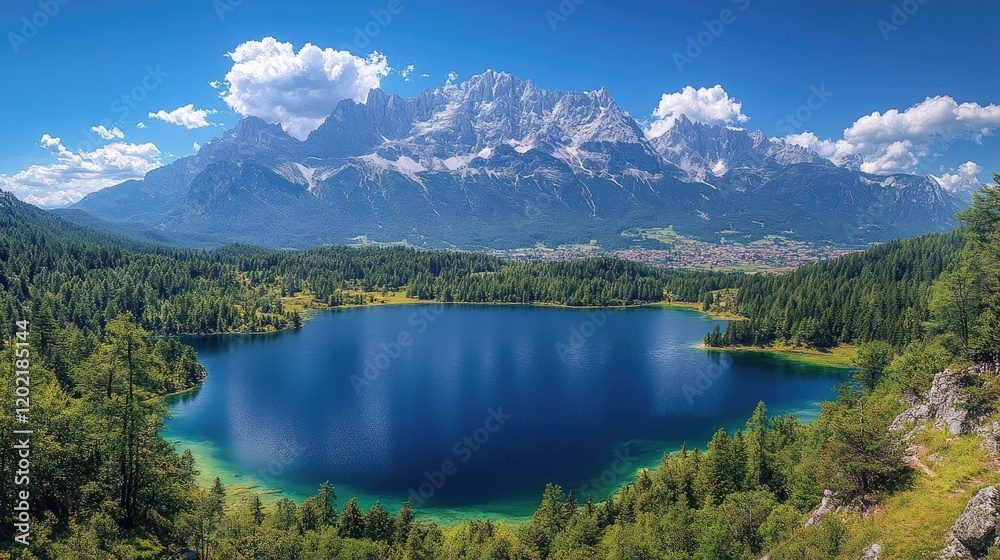 Obraz premium Panoramic View of Julian Alps and Mangart Peak with Fusine Lake Reflecting Summer Colors