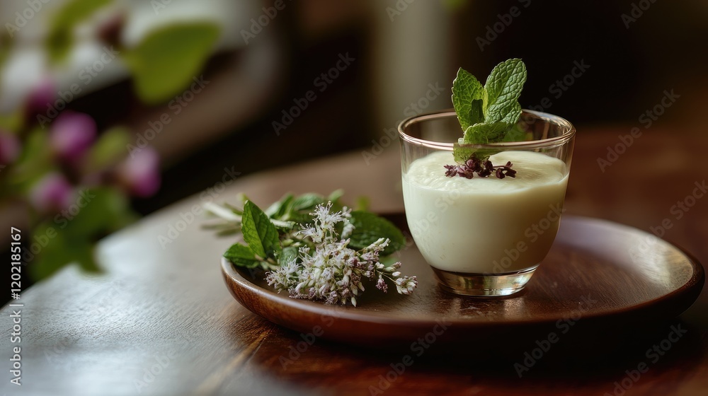Mint dessert served in a glass with mint leaves on a wooden plate and fresh mint sprigs alongside Copy Space Mint dessert served in a glass with mint leaves on a wooden plate and fresh mint sprigs alongside Copy Space