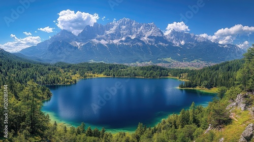 Panoramic View of Julian Alps and Mangart Peak with Fusine Lake Reflecting Summer Colors photo