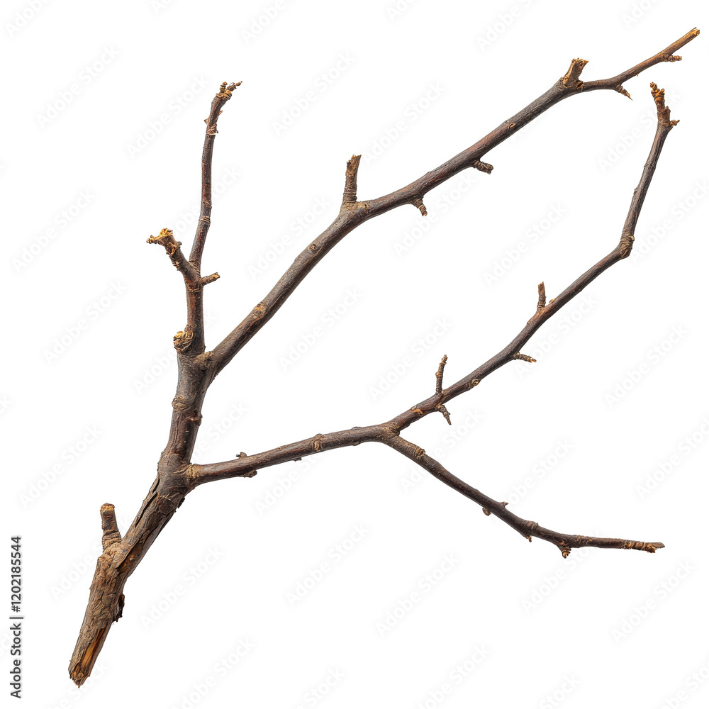 A macro shot a dry willow tree branch, isolated against a white background A macro shot a dry willow tree branch, isolated against a white background