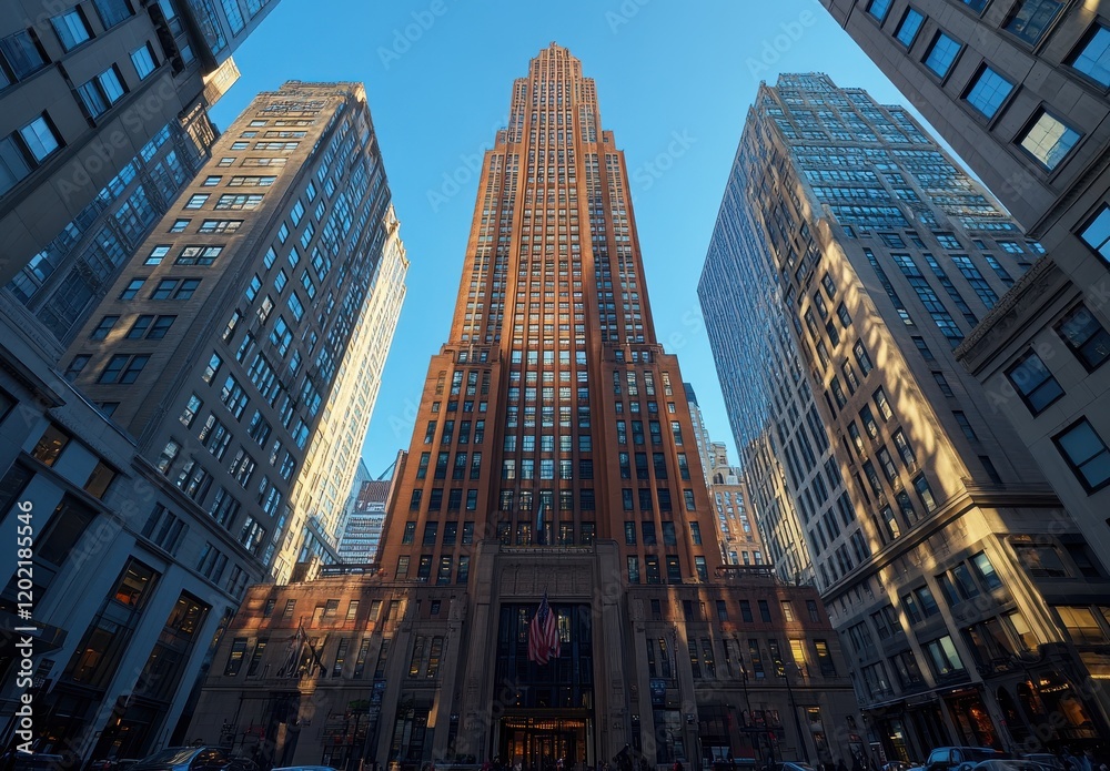 Obraz premium Towering Urban Skyscraper Against Clear Sky, Surrounded by Architectural Wonders in a Bustling City Center Highlighting Modern and Historical Designs