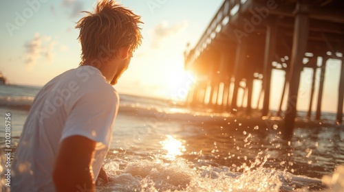 A person stands facing the ocean waves as they embrace the golden glow of the setting sun by a pier, evoking a sense of freedom and calm, with water splashes. photo