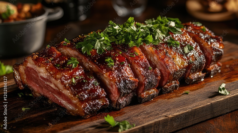 Cooked meatloaf with herbs displayed on a wooden cutting board with garnish and rustic background Copy Space Cooked meatloaf with herbs displayed on a wooden cutting board with garnish and rustic background Copy Space