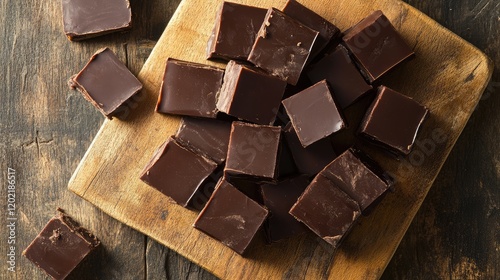 Dark chocolate squares on wooden cutting board with rustic background and natural lighting ideal for food photography Copy Space