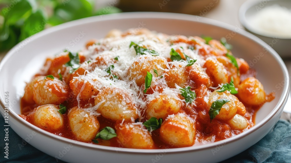 Delicious gnocchi pasta served in tomato sauce topped with grated cheese and fresh basil on a wooden table with copy space Delicious gnocchi pasta served in tomato sauce topped with grated cheese and fresh basil on a wooden table with copy space