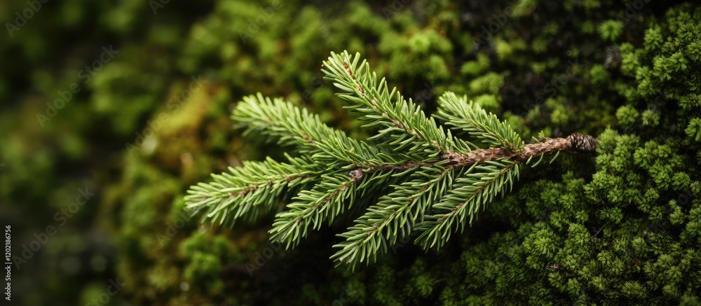 Close-up of a spruce tree branch on green moss with natural blurred background and ample copy space for text insertion Close-up of a spruce tree branch on green moss with natural blurred background and ample copy space for text insertion