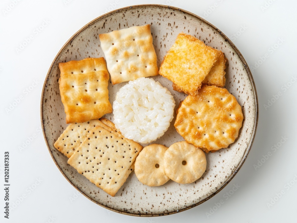 Variety of rice crackers on a ceramic plate. Emphasizing the texture and crunchiness of the crackers. Ideal for snack food advertisements and health magazines.