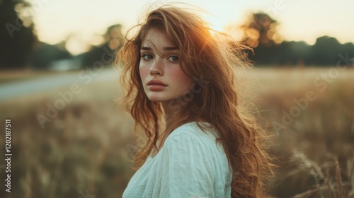 A woman with reddish hair is captured at sunset, her silhouette against the expansive open field emphasizing emotions of solitude, reflection, and timelessness. photo