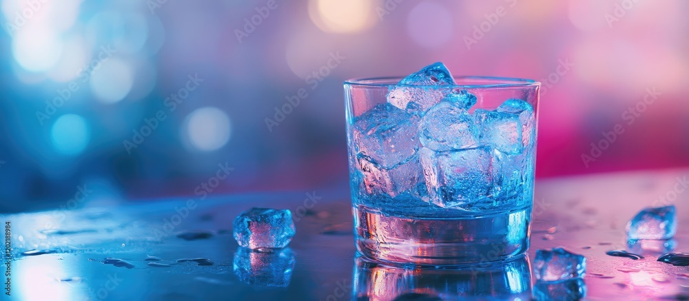 Glass of whiskey with ice cubes on a reflective surface with colorful light bokeh background and water droplets Copy Space Glass of whiskey with ice cubes on a reflective surface with colorful light bokeh background and water droplets Copy Space