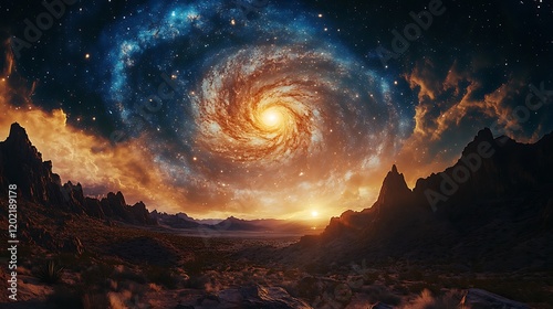 A spiral galaxy stretching across the sky above a remote desert with the night filled with celestial wonders