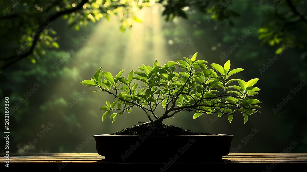 Serene bonsai tree illuminated by soft sunlight in a tranquil forest setting, symbolizing peace Serene bonsai tree illuminated by soft sunlight in a tranquil forest setting, symbolizing peace