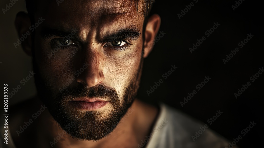 Intense close-up portrait of a rugged man with a beard and piercing eyes against a dark background with dramatic lighting Copy Space Intense close-up portrait of a rugged man with a beard and piercing eyes against a dark background with dramatic lighting Copy Space