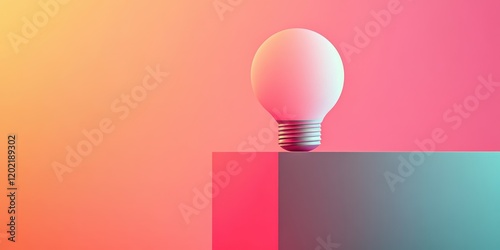 A light bulb rests on a geometric pedestal featuring soft hues of pink and blue against a vibrant gradient background during the evening