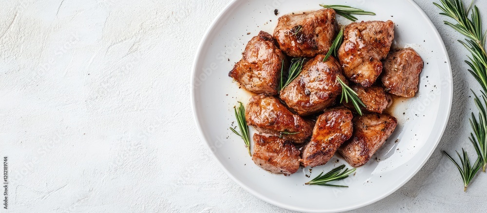 Grilled meat cubes garnished with rosemary served on a white plate with copy space for text Grilled meat cubes garnished with rosemary served on a white plate with copy space for text