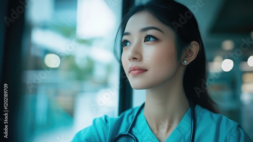 Young female doctor in teal scrubs looking thoughtfully out a window with a stethoscope around her neck Copy Space photo