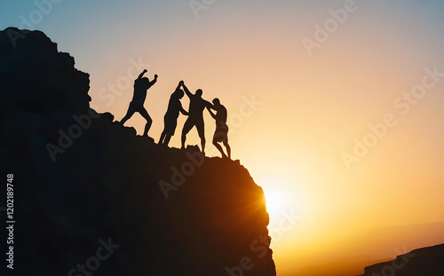 Silhouette of a team helping each other reach the top of a mountain at sunse photo