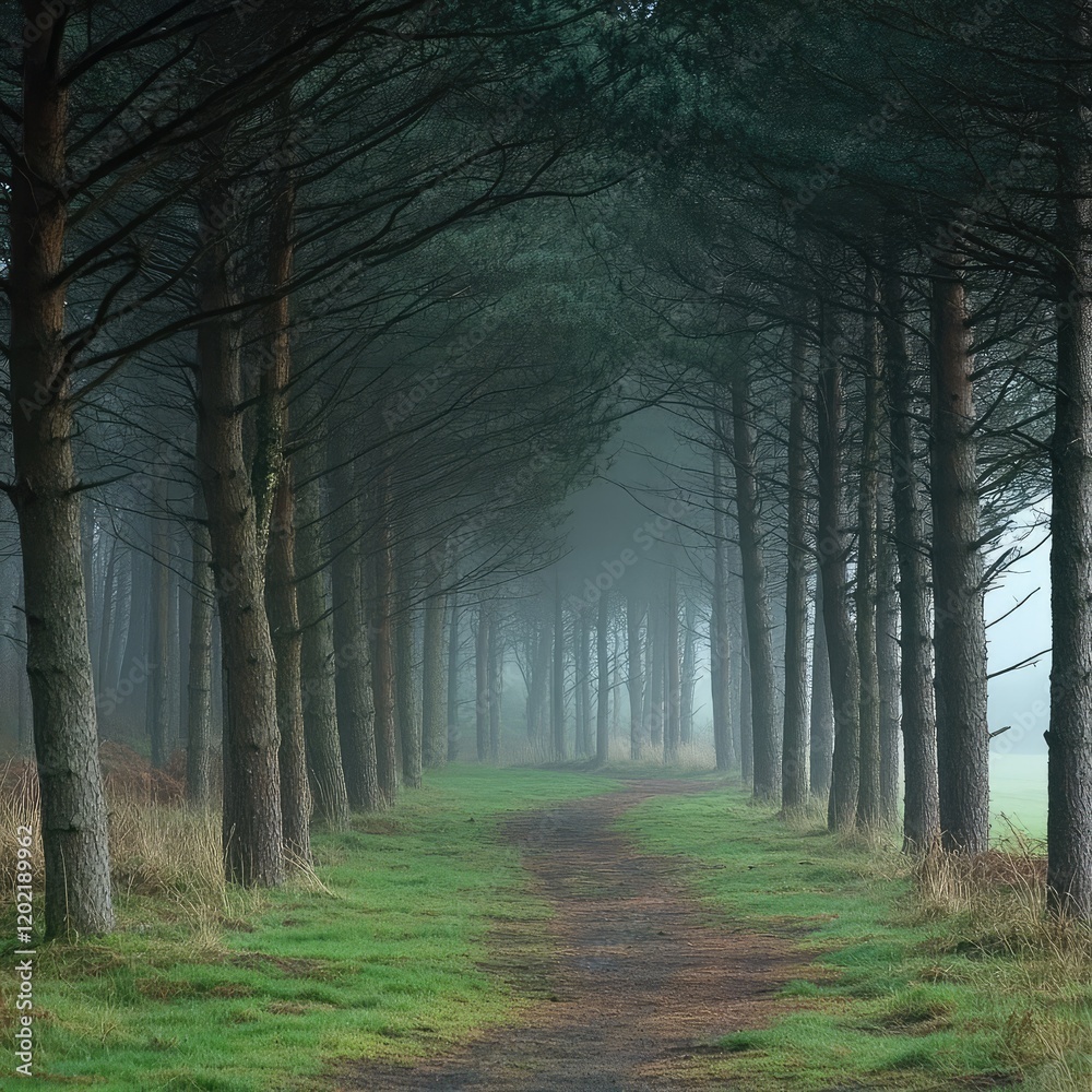 Naklejka premium Misty forest path lined with tall trees creating a natural tunnel effect with lush green grass and soft fog Copy Space