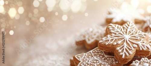 Gingerbread cookies in star shapes with icing on festive background with bokeh lights and copy space for holiday themes photo