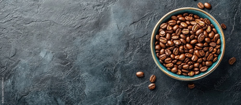 Coffee beans in a blue bowl on textured dark background with copy space for text. High-quality roasted coffee bean image. Coffee beans in a blue bowl on textured dark background with copy space for text. High-quality roasted coffee bean image.