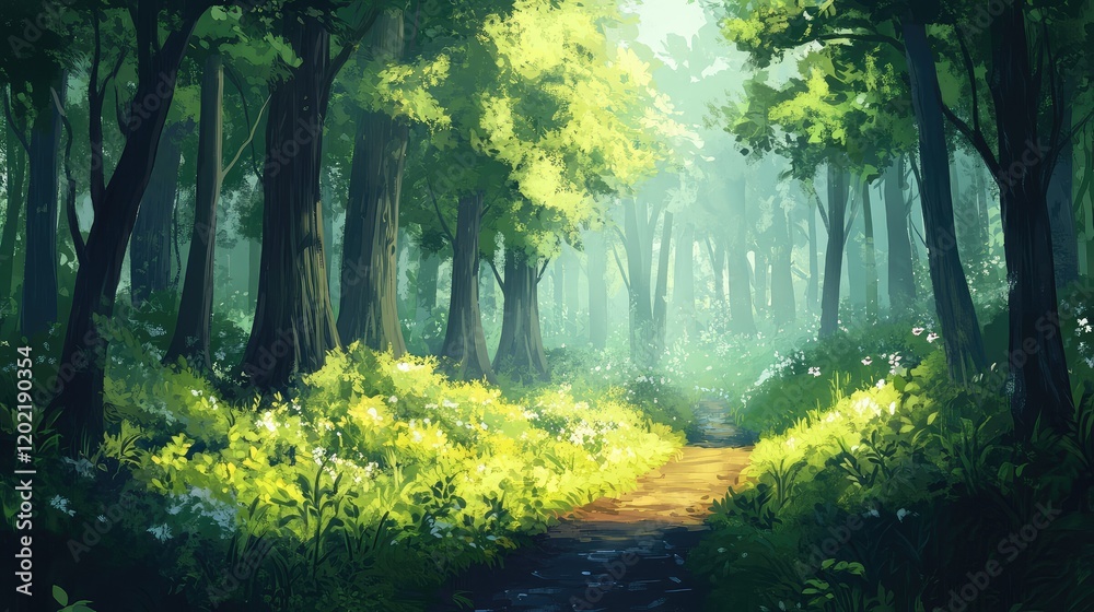 Obraz premium Lush green forest landscape with sunlight filtering through trees and a winding path surrounded by flowers Copy Space