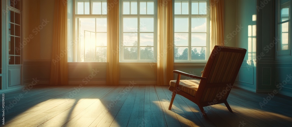 Empty room with wooden chair illuminated by sunlight through large windows Copy Space Empty room with wooden chair illuminated by sunlight through large windows Copy Space