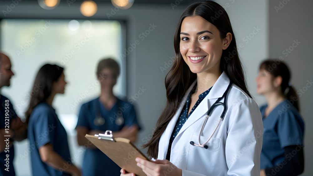 A skilled female doctor is confidently holding a tablet in front of an attentive group of doctors and nurses who are gathered together