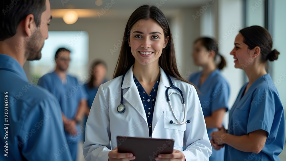 A skilled female doctor is confidently holding a tablet in front of an attentive group of doctors and nurses who are gathered together