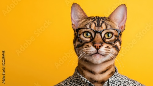 Bengal cat wearing glasses and a shirt against a yellow background with Copy Space for text placement photo