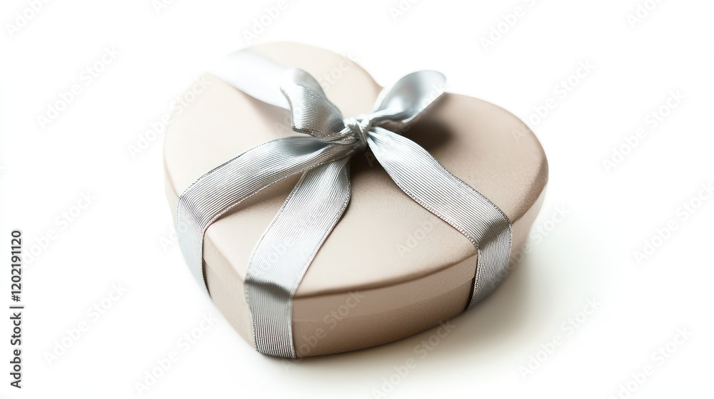 Heart-shaped gift box with silver ribbon on white background and Copy Space for text placement